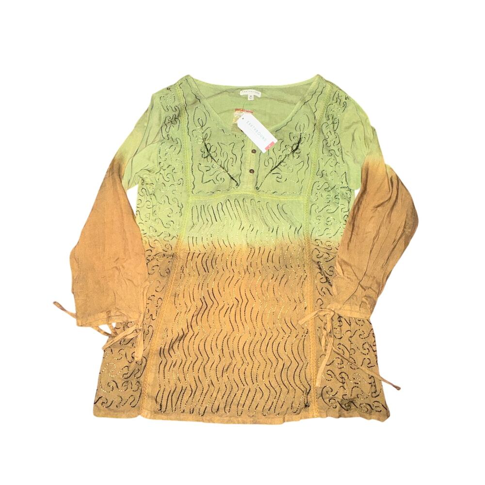 Earthbound Embroidered Tunic Blouse Women's Size M Green Brown Boho Artsy NWT